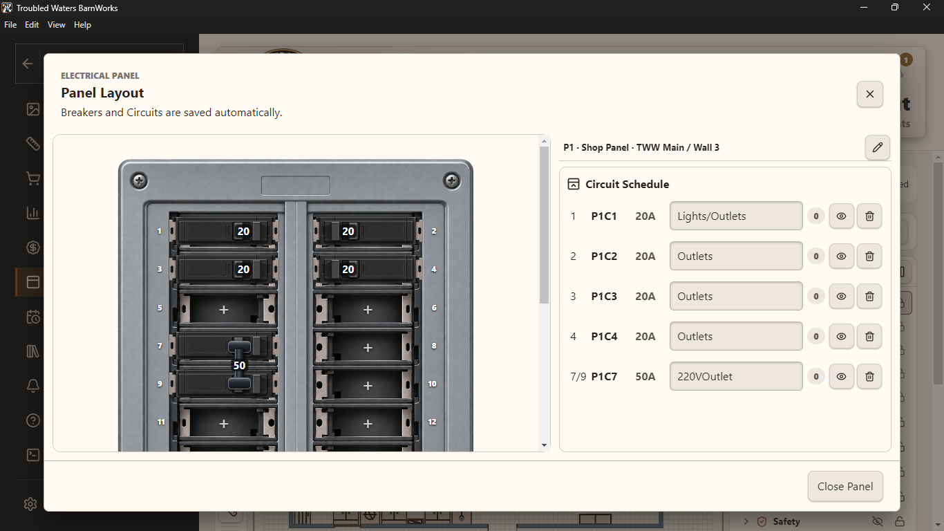BarnWorks electrical panel editor showing breakers beside a named circuit schedule.